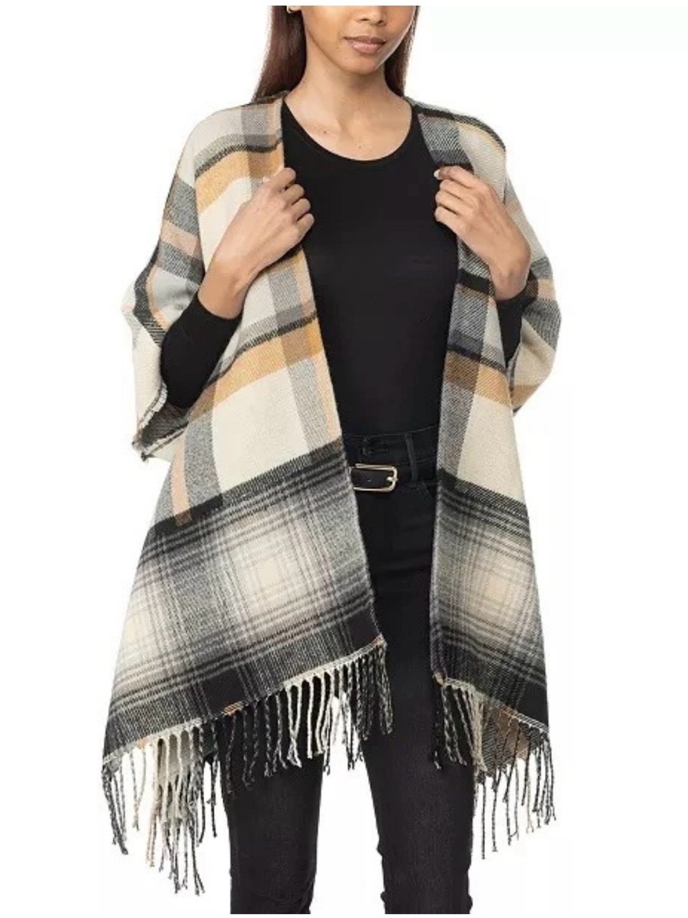 NWT Charter Club Plaid Fringe Wrap in Black, Cream & Tan with side buttons.